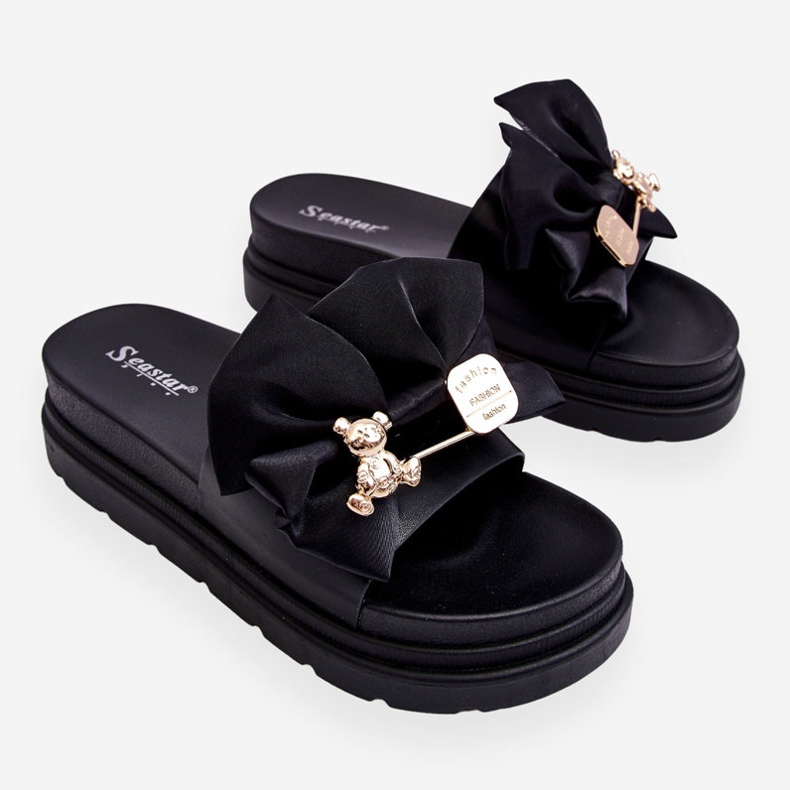 PE1 Chinelos com laço e ursinho de pelúcia decorativo preto Suzy 1