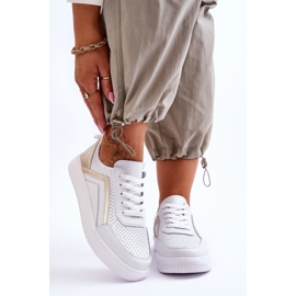 Sapatos esportivos femininos de couro perfurado brancos e dourados Carvalo 1