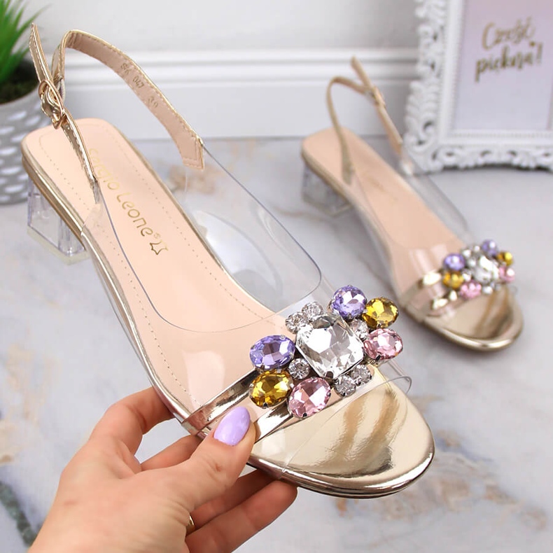 Sandália transparente de salto baixo com cristais dourados Sergio Leone SK047 1