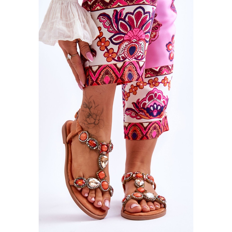 Sandália rasa de camurça Dallas laranja com pedras 1