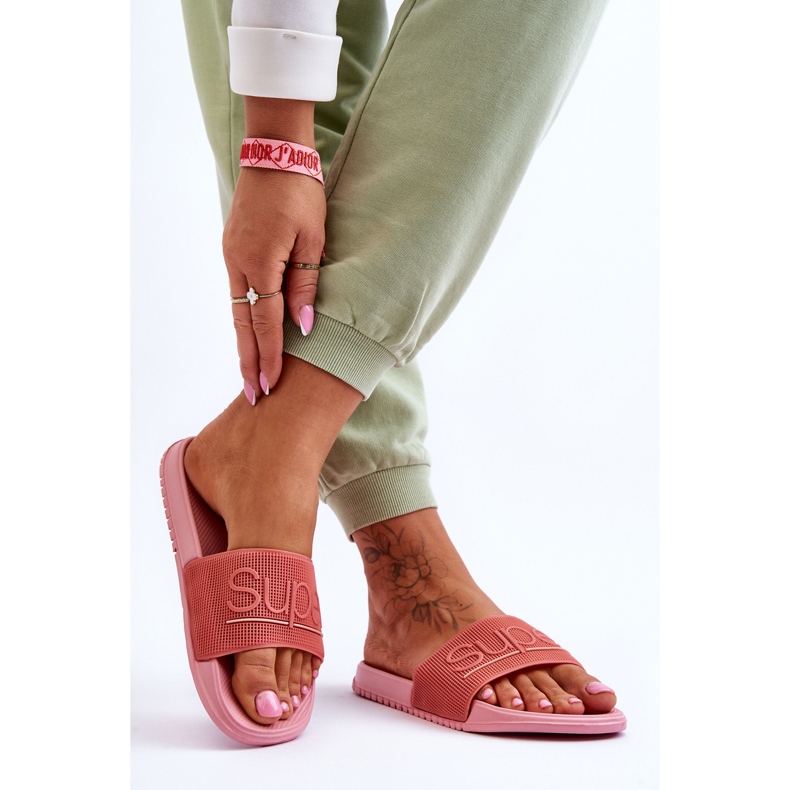 Chinelos femininos leves com inscrição rosa alegre 2