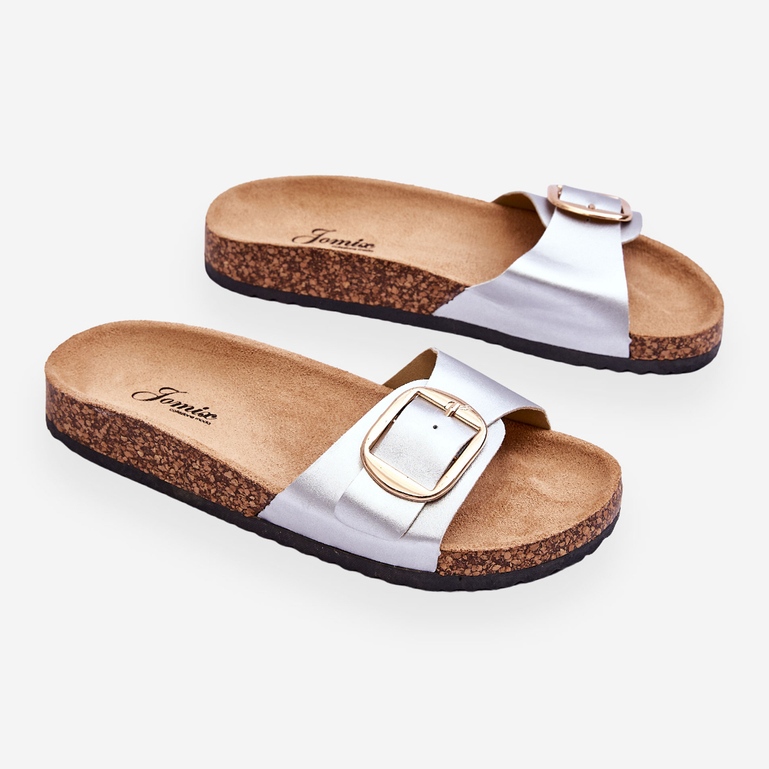 Chinelos femininos clássicos cortiça plataforma prata Noa 1
