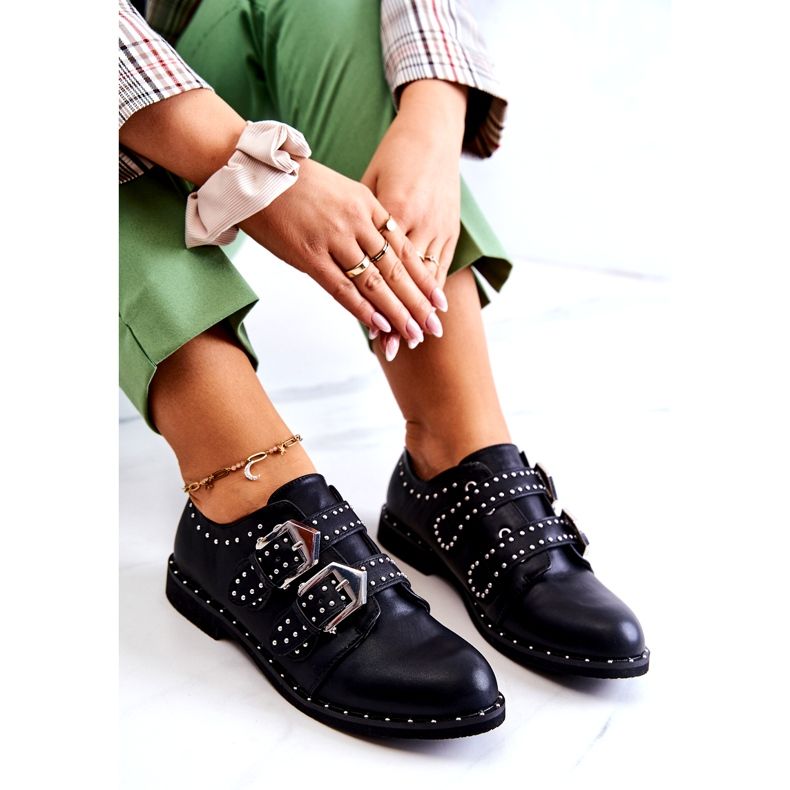 LU BOO Sapatos de couro ecológico feminino com fivelas e pretos pretos 3