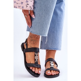 Sandálias femininas rasas com tira decorativa preta baga preto 1
