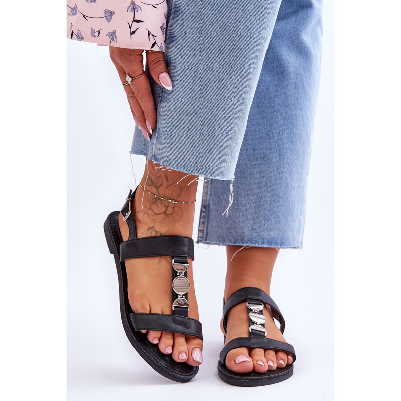 Sandálias femininas rasas com tira decorativa preta baga preto 1