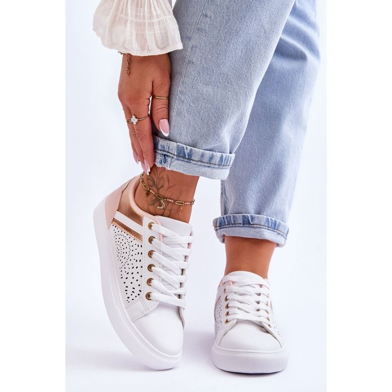 Tênis esportivos clássicos com estampa vazada branco-rosa-dourado Happier 1