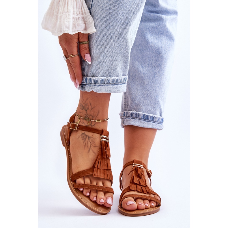 Sandálias femininas planas de camurça Boho Brown Lucami marrom 1