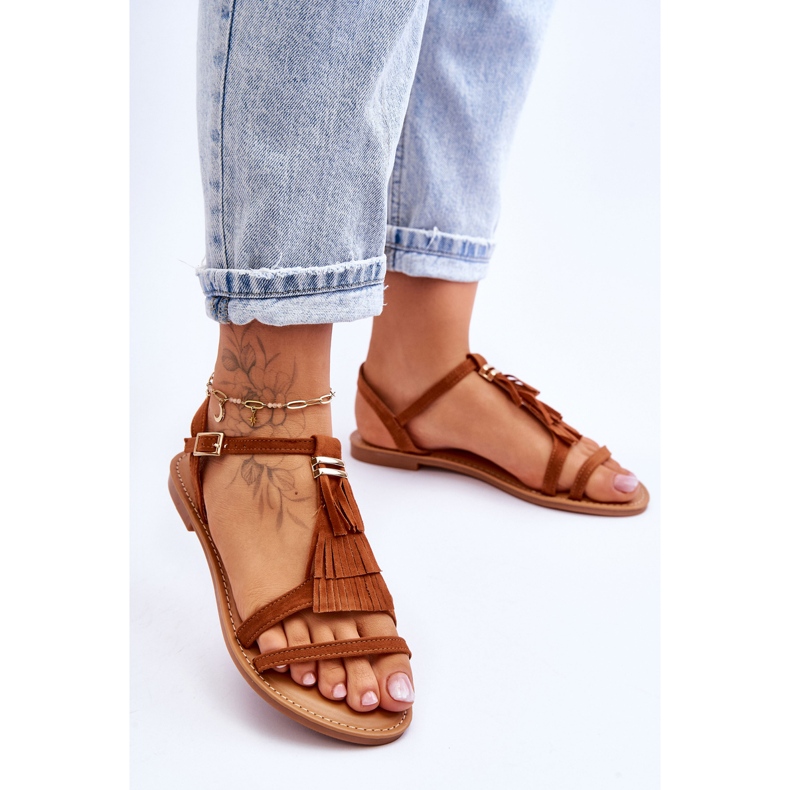 Sandálias femininas planas de camurça Boho Brown Lucami castanho 2