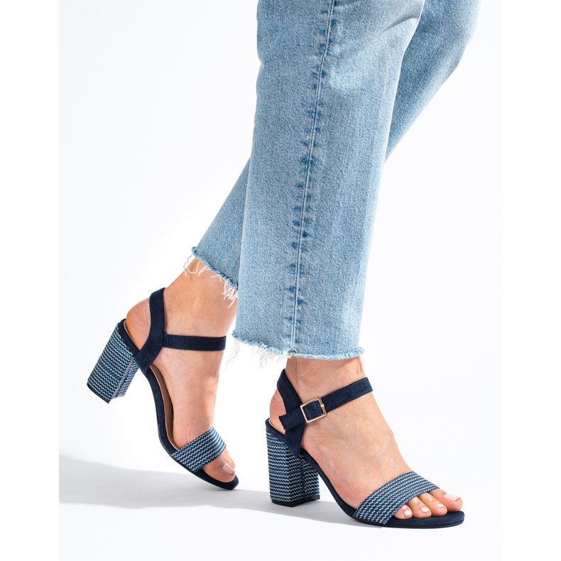 Sandálias Shelovet de mulher azul marinho com salto decorativo 1