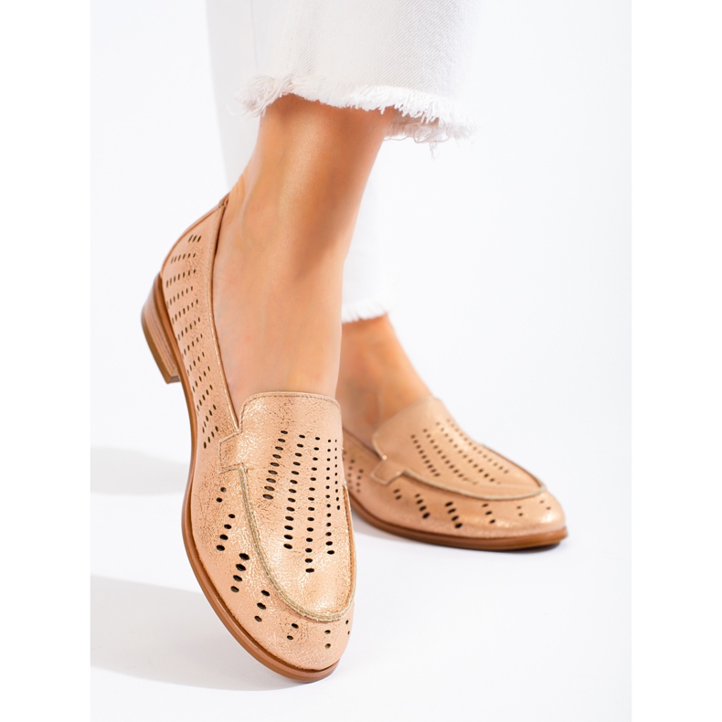 SHELOVET Sapatos femininos bordados dourados Potocki bege 1