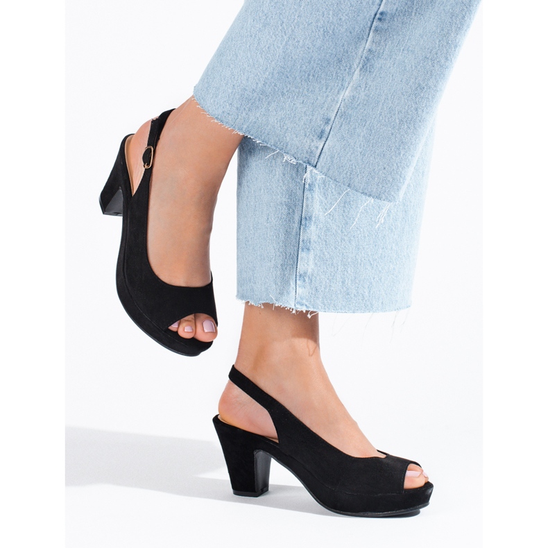 Sandália de camurça preta Shelovet com salto confortável preto 2