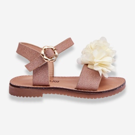 Sandálias infantis da moda com flores de poliéster bege-douradas 1 Sandálias infantis da moda com flores de poliéster bege-douradas 1