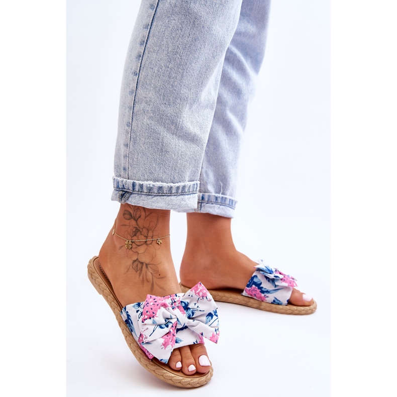 FK1 Chinelos femininos com laço de tecido flor branca branco 2