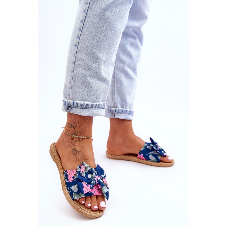 FK1 Chinelos femininos com laço de tecido flor azul marinho 1