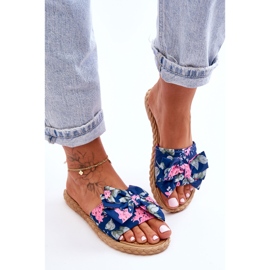 FK1 Chinelos femininos com laço de tecido flor azul marinho 2