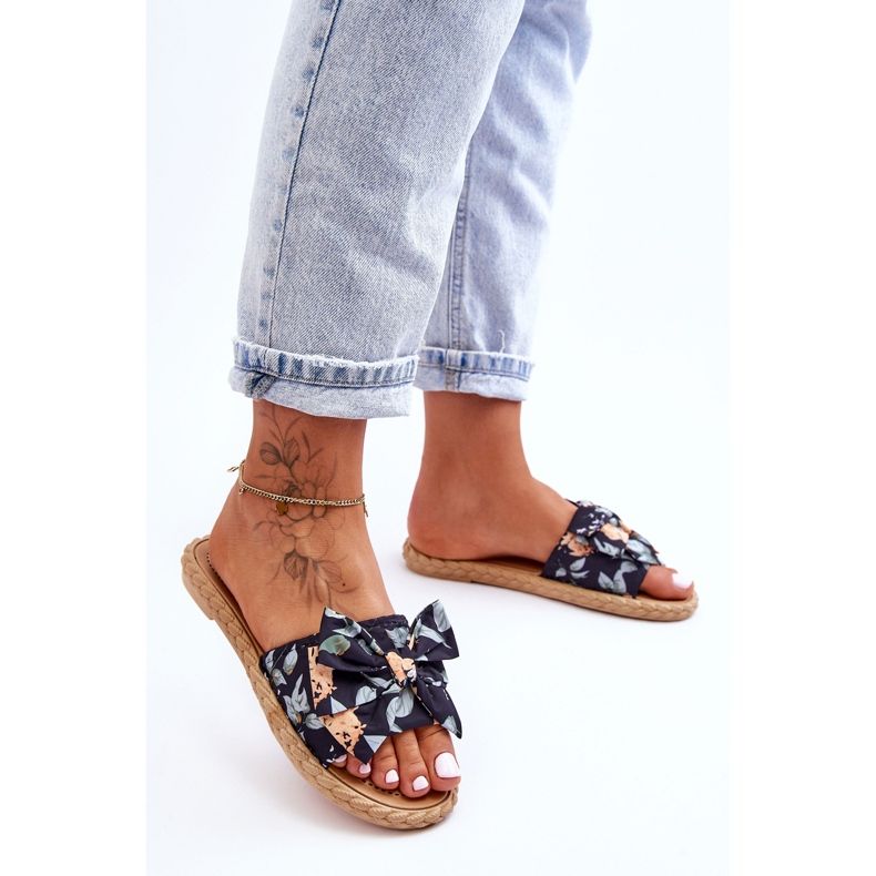 FK1 Chinelos femininos com laço de tecido flor preta preto 1