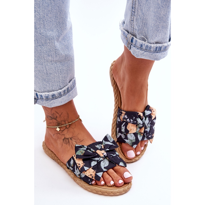 FK1 Chinelos femininos com laço de tecido flor preta preto 2