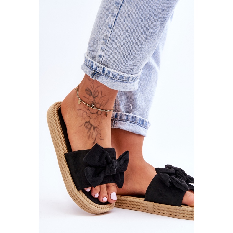 FK1 Chinelos femininos de camurça com laço preto Fency 2