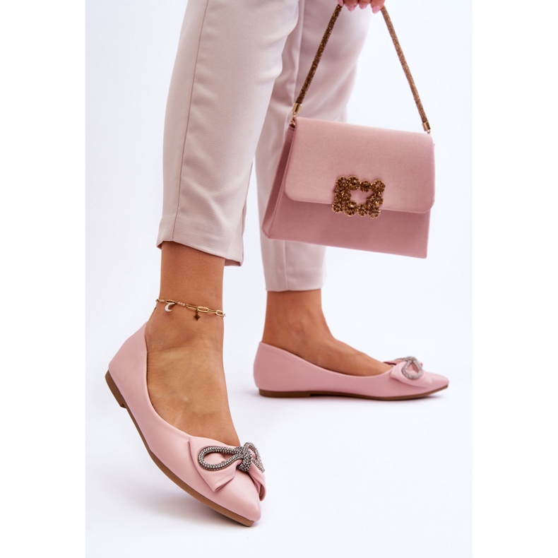 WS1 Bailarinas elegantes com um laço e strass rosa antigo 2