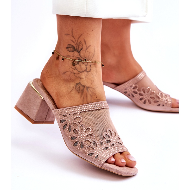 S.Barski Salto feminino com malha e zircões S. Barski KV-612-1 bege 1